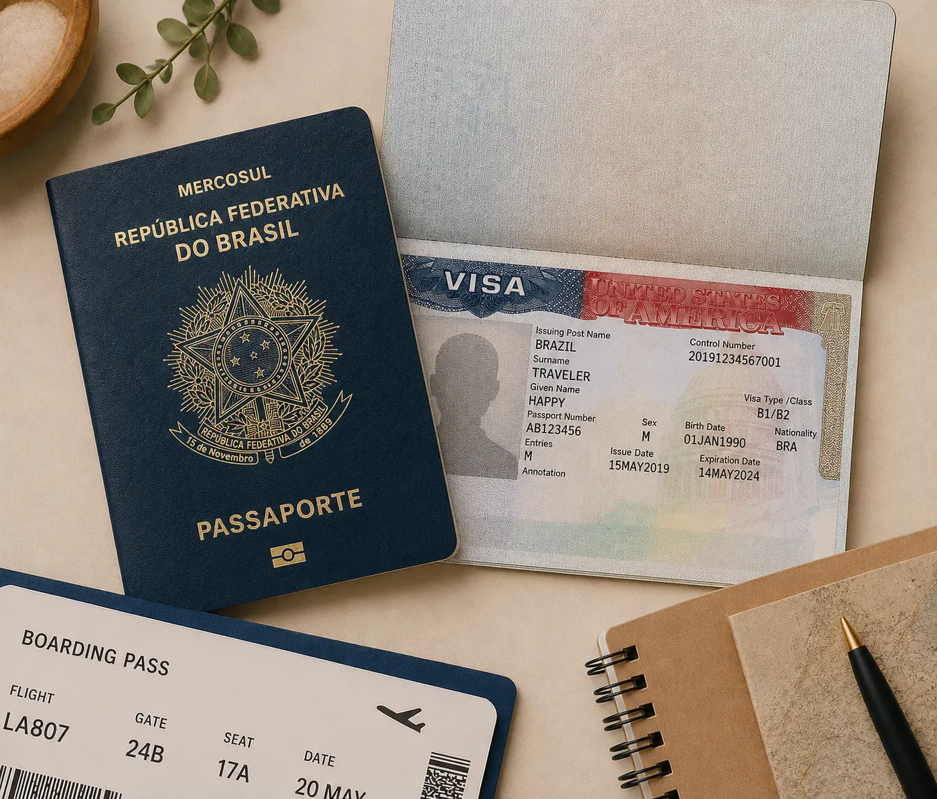 Passaporte brasileiro com visto americano B1/B2 aprovado ao lado de cartão de embarque